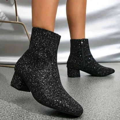 Women's Glitter Block Heel Boots