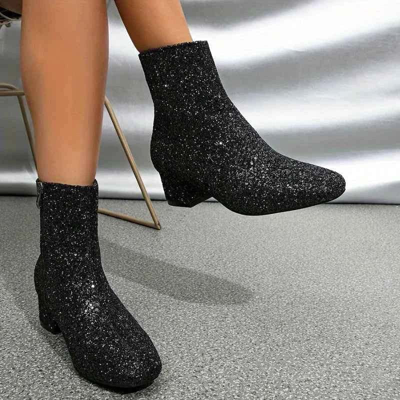 Women's Glitter Block Heel Boots