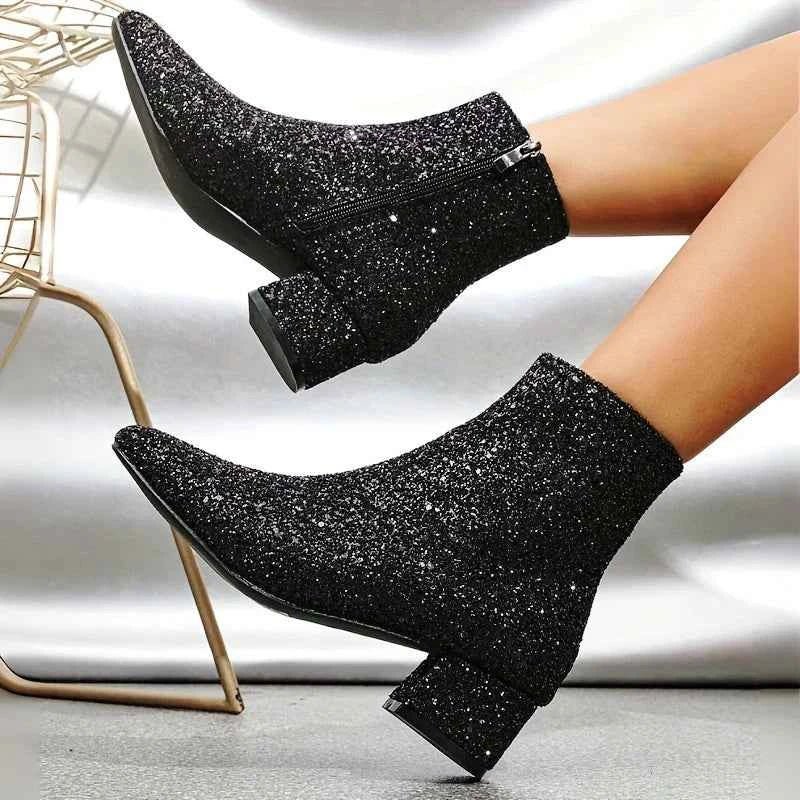Women's Glitter Block Heel Boots