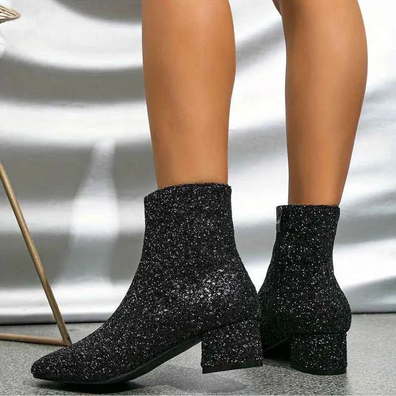 Women's Glitter Block Heel Boots