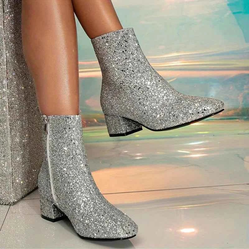 Women's Glitter Block Heel Boots