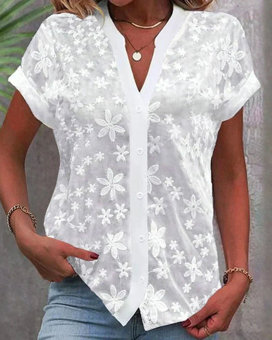 Women's Lace Embroidered V-Neck Blouse