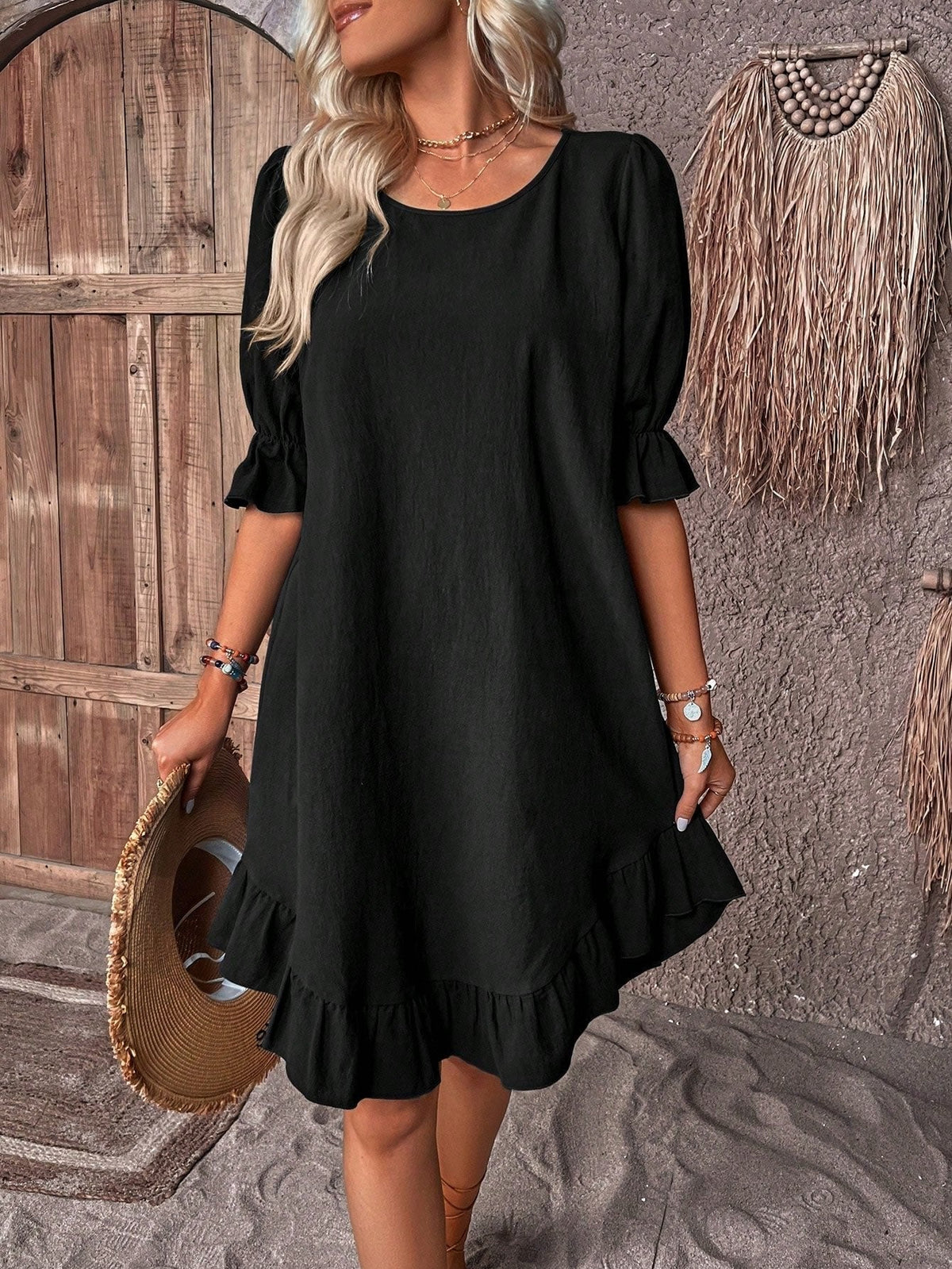 Women's Linen Ruffle Mini Dress