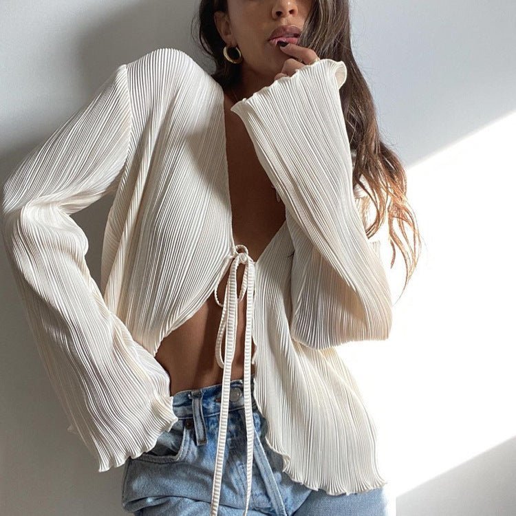 Pleated Tie Front Blouse Shirt
