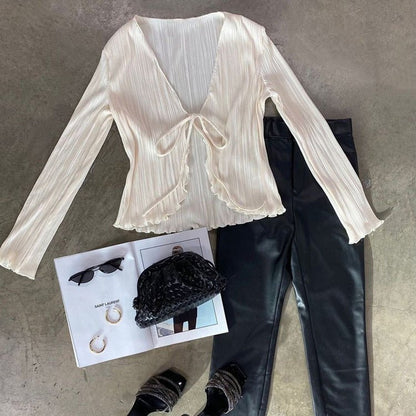 Pleated Tie Front Blouse Shirt