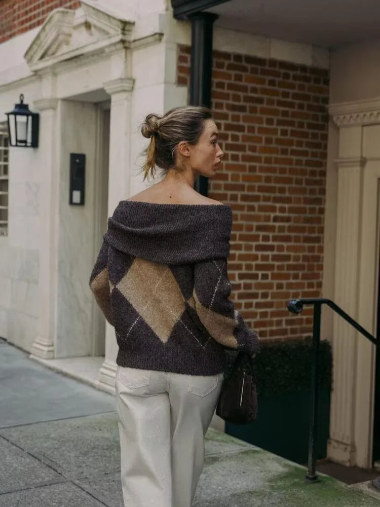 Women's Argyle Off Shoulder Jumper