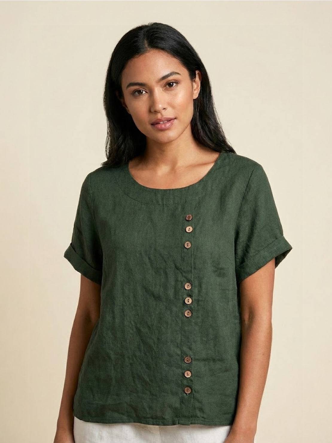 Women’s Linen Round Neck Button Blouse