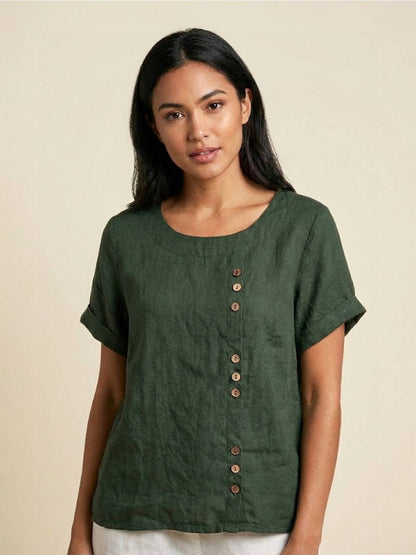 Women’s Linen Round Neck Button Blouse
