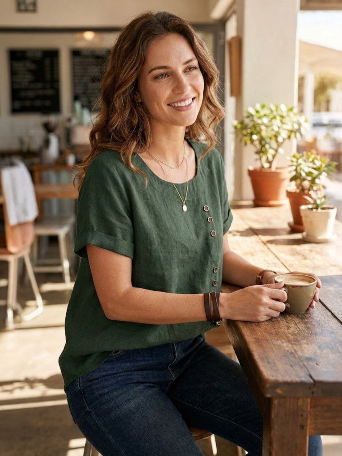 Women’s Linen Round Neck Button Blouse