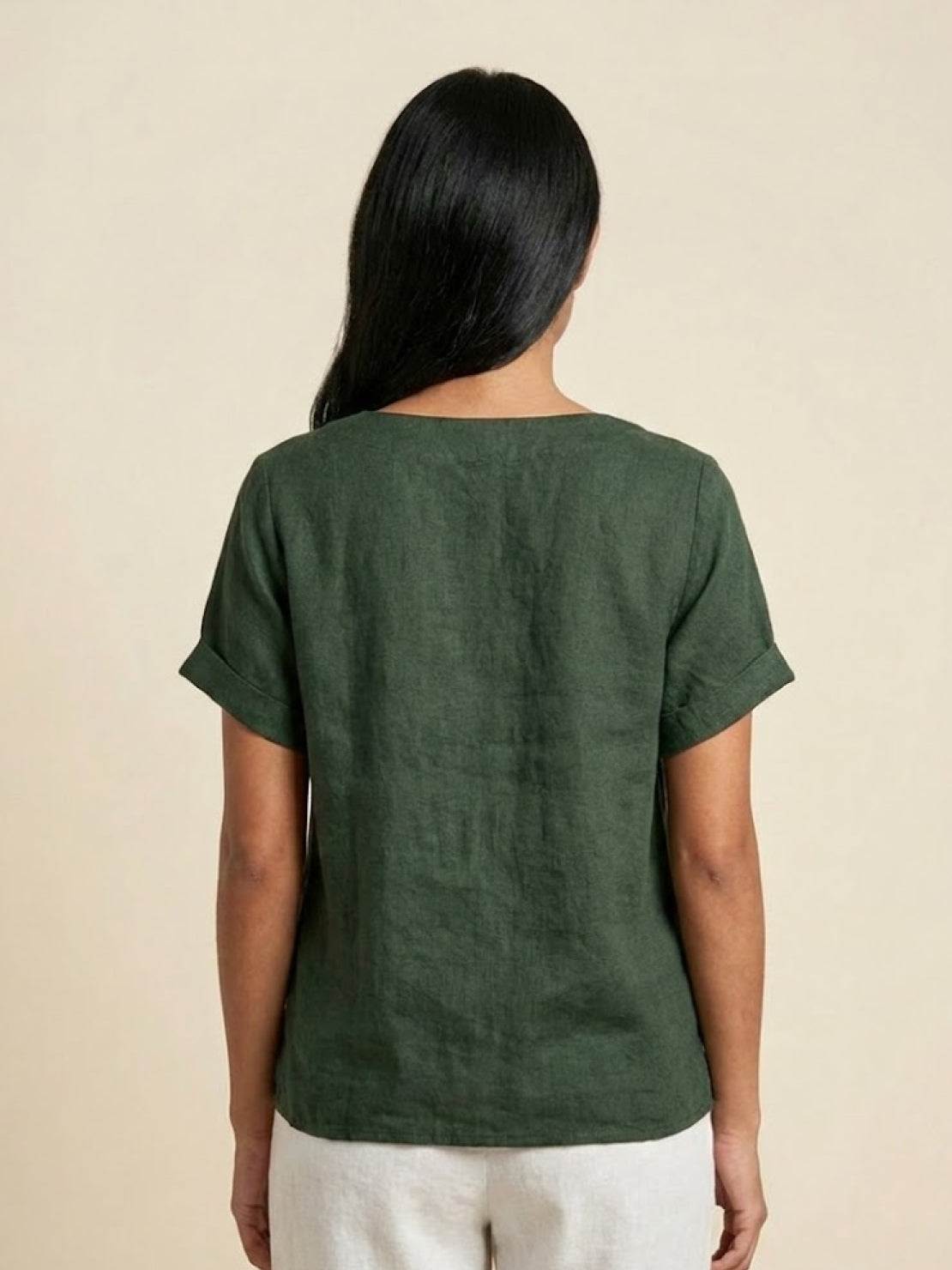 Women’s Linen Round Neck Button Blouse