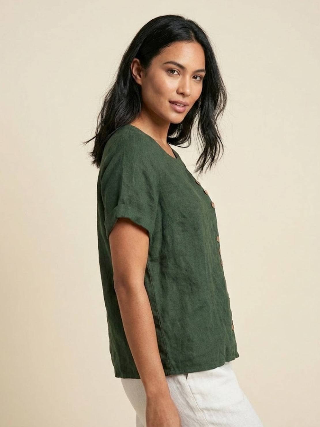 Women’s Linen Round Neck Button Blouse