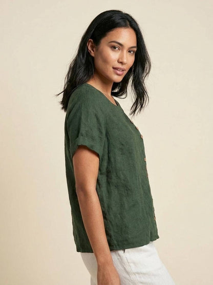 Women’s Linen Round Neck Button Blouse