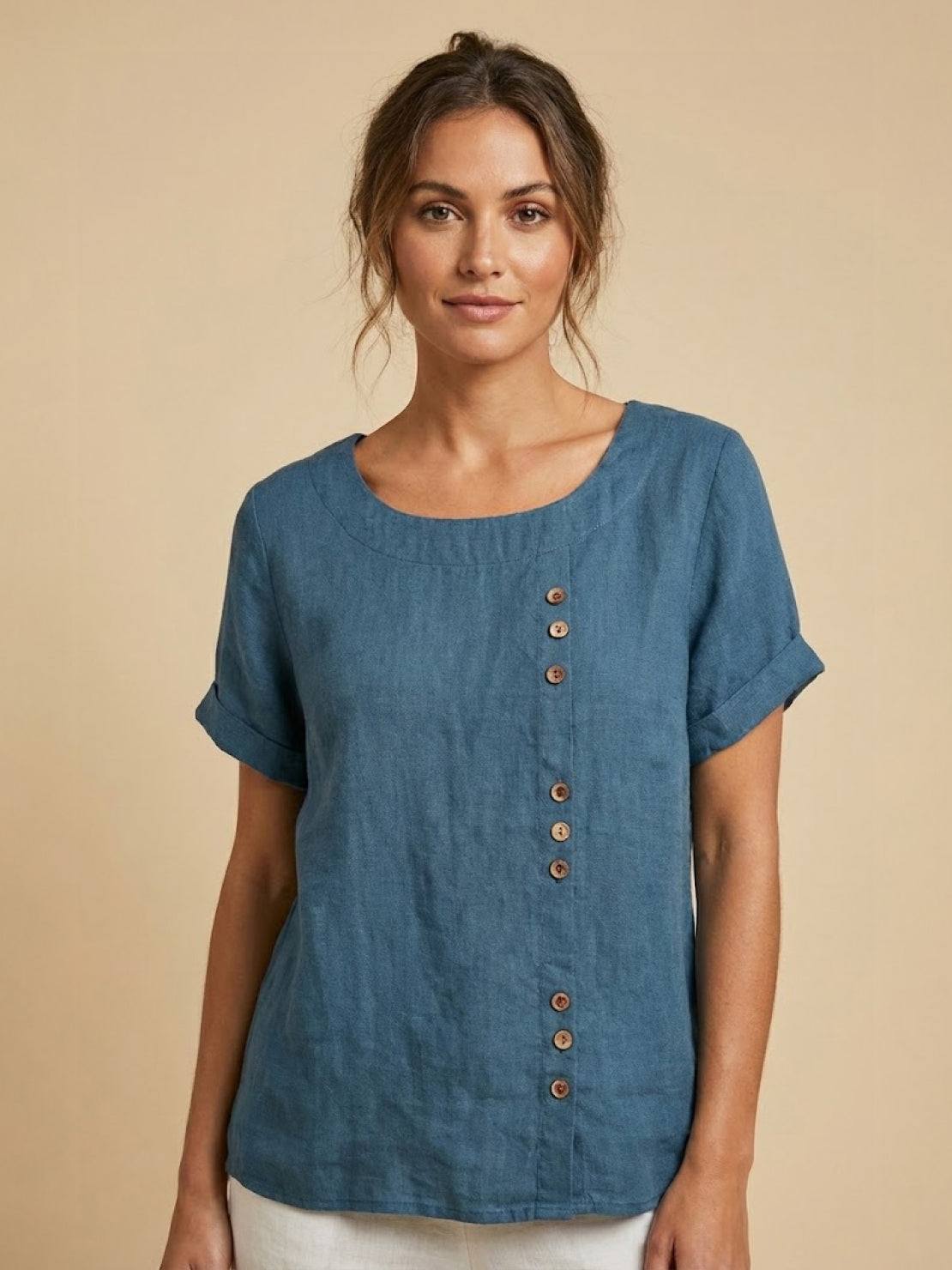 Women’s Linen Round Neck Button Blouse