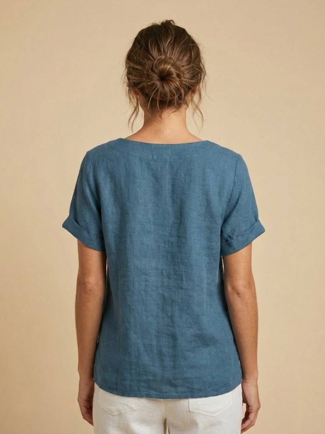 Women’s Linen Round Neck Button Blouse