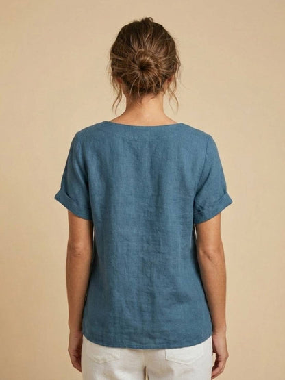 Women’s Linen Round Neck Button Blouse