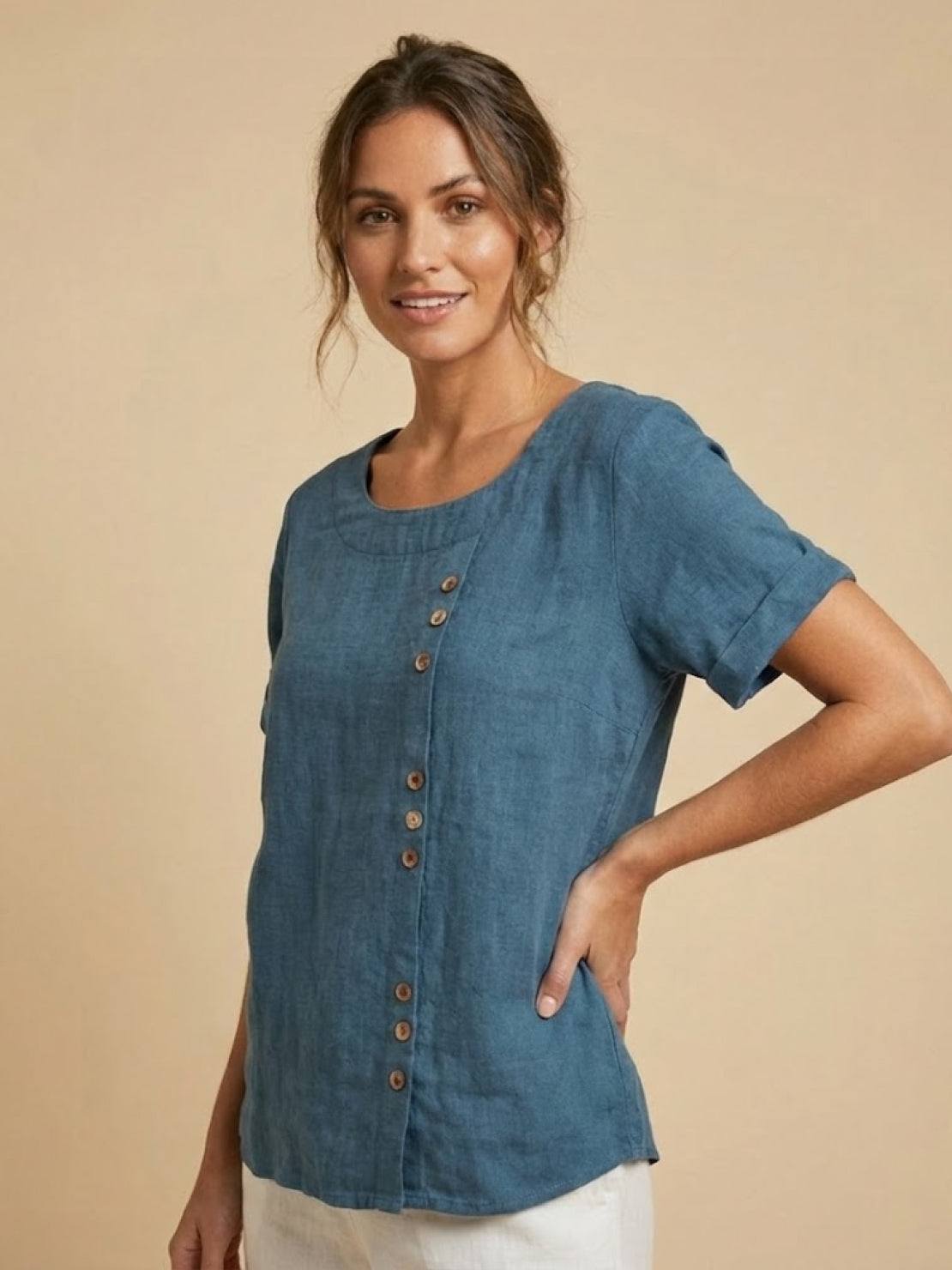 Women’s Linen Round Neck Button Blouse