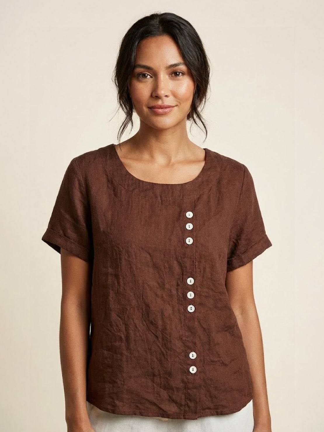 Women’s Linen Round Neck Button Blouse