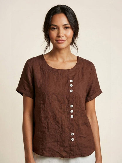 Women’s Linen Round Neck Button Blouse