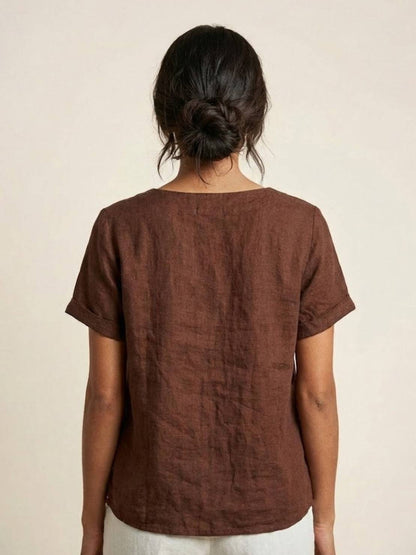 Women’s Linen Round Neck Button Blouse