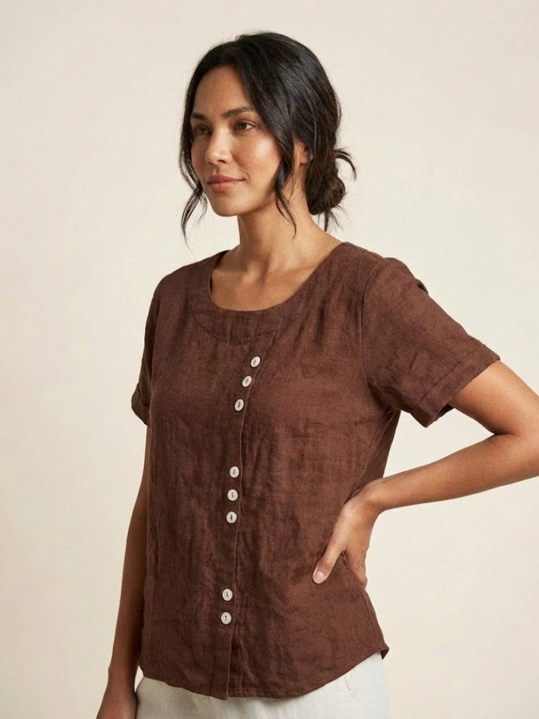 Women’s Linen Round Neck Button Blouse