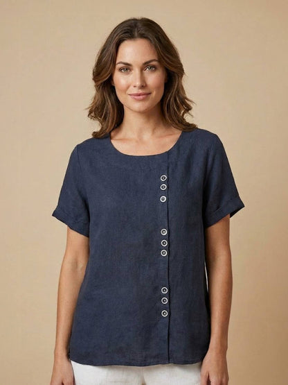 Women’s Linen Round Neck Button Blouse