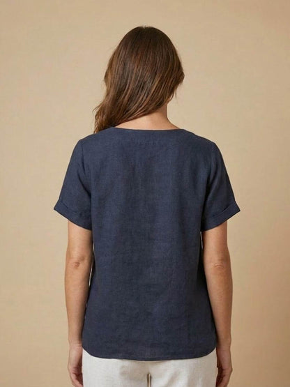 Women’s Linen Round Neck Button Blouse