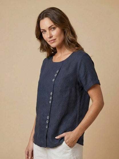 Women’s Linen Round Neck Button Blouse