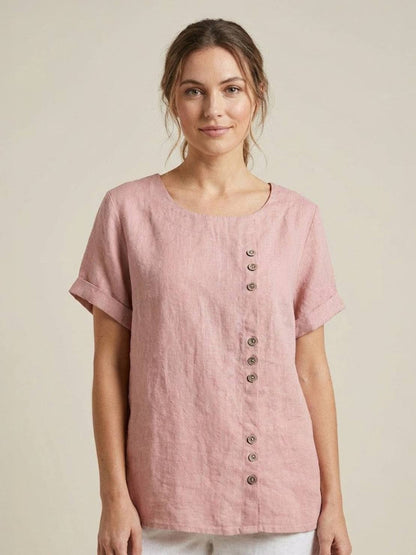 Women’s Linen Round Neck Button Blouse