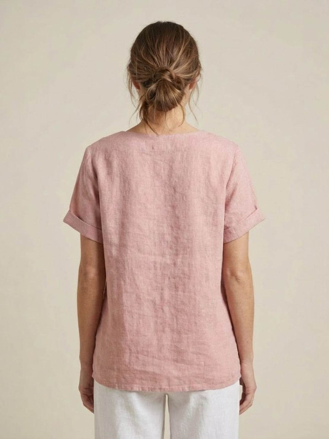 Women’s Linen Round Neck Button Blouse