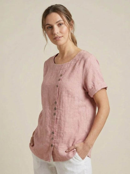 Women’s Linen Round Neck Button Blouse