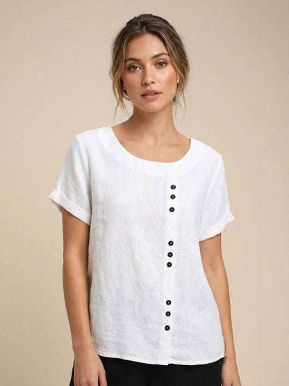 Women’s Linen Round Neck Button Blouse