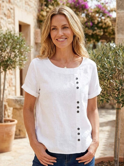 Women’s Linen Round Neck Button Blouse