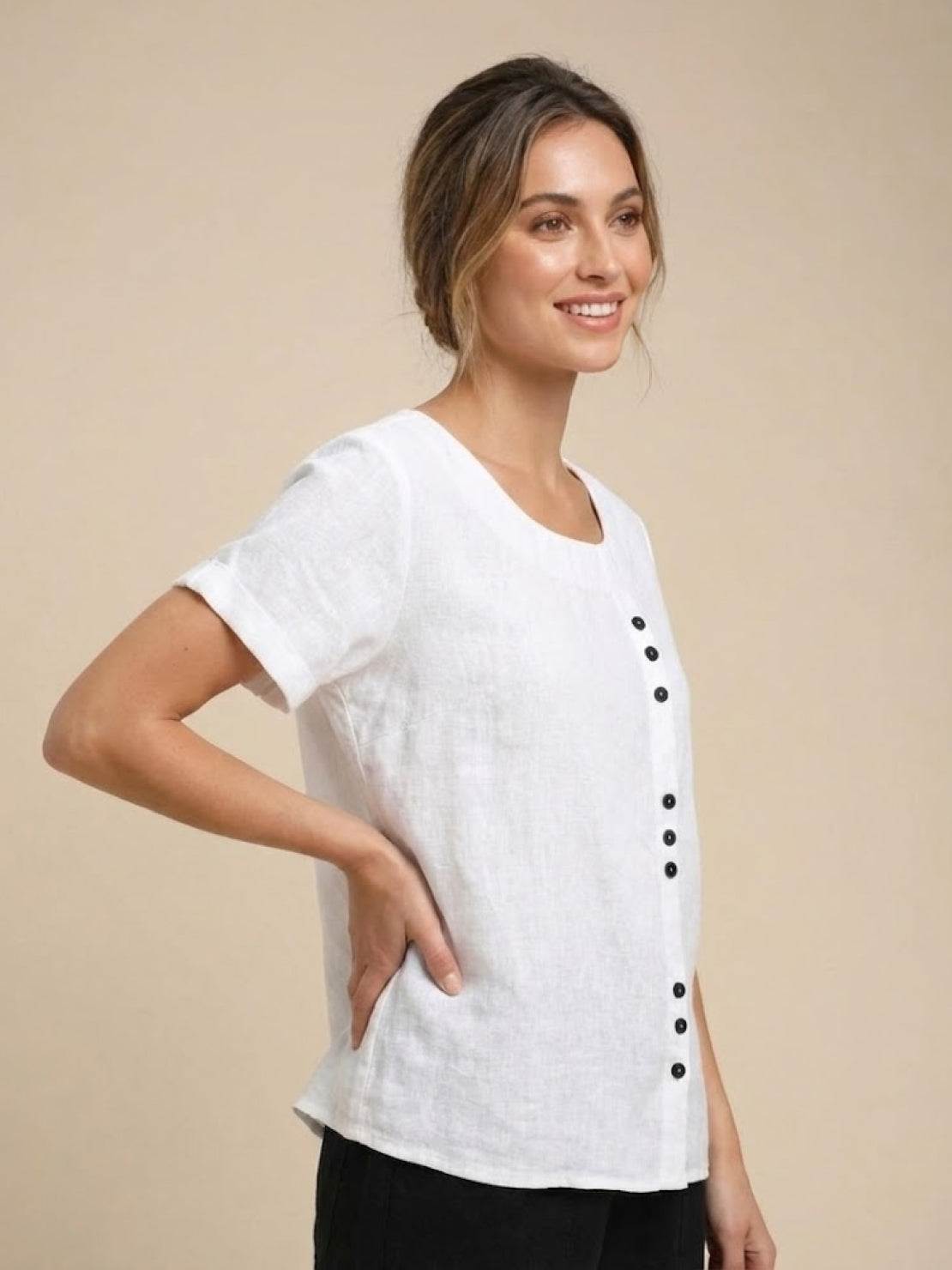 Women’s Linen Round Neck Button Blouse