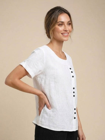 Women’s Linen Round Neck Button Blouse