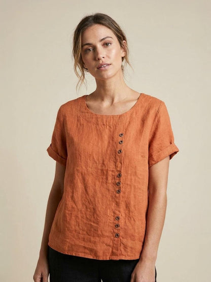 Women’s Linen Round Neck Button Blouse