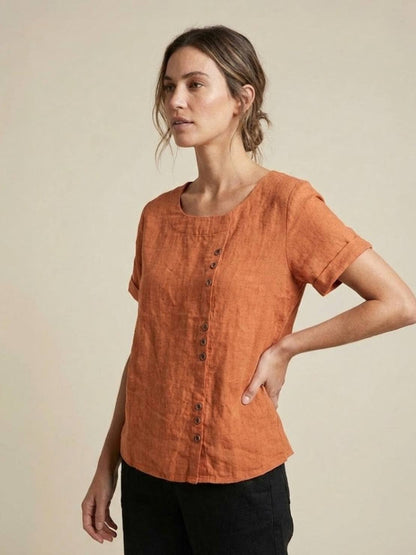 Women’s Linen Round Neck Button Blouse