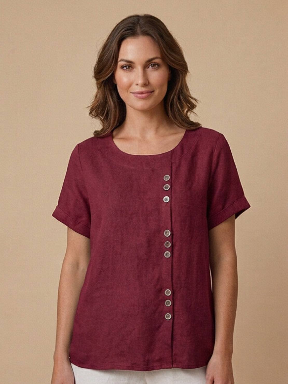 Women’s Linen Round Neck Button Blouse