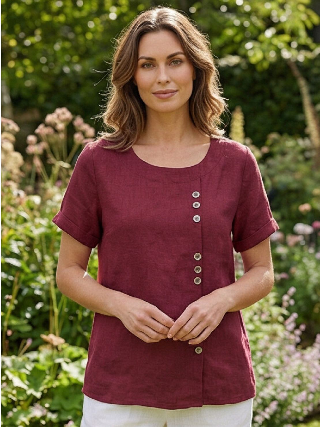 Women’s Linen Round Neck Button Blouse