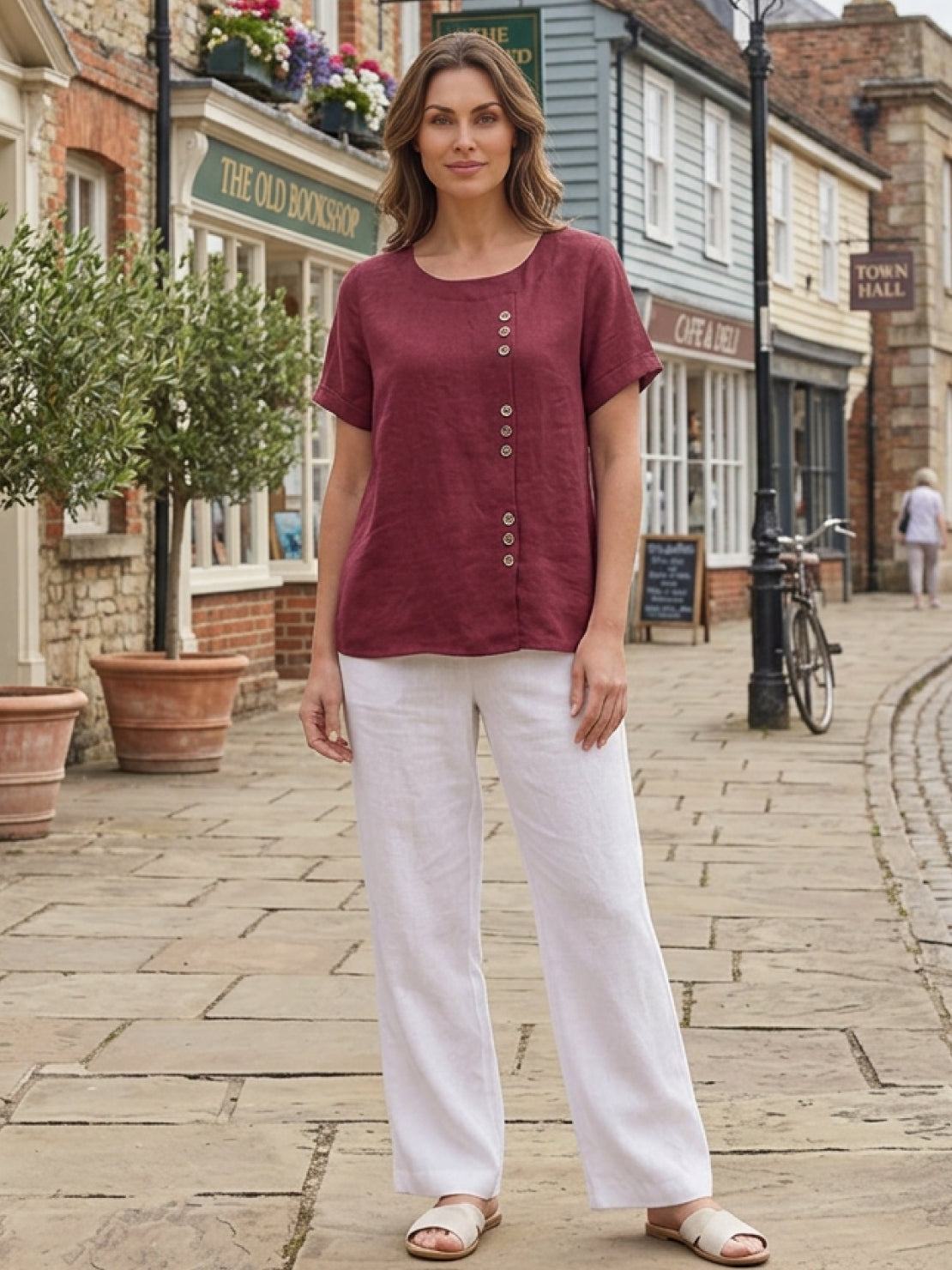 Women’s Linen Round Neck Button Blouse
