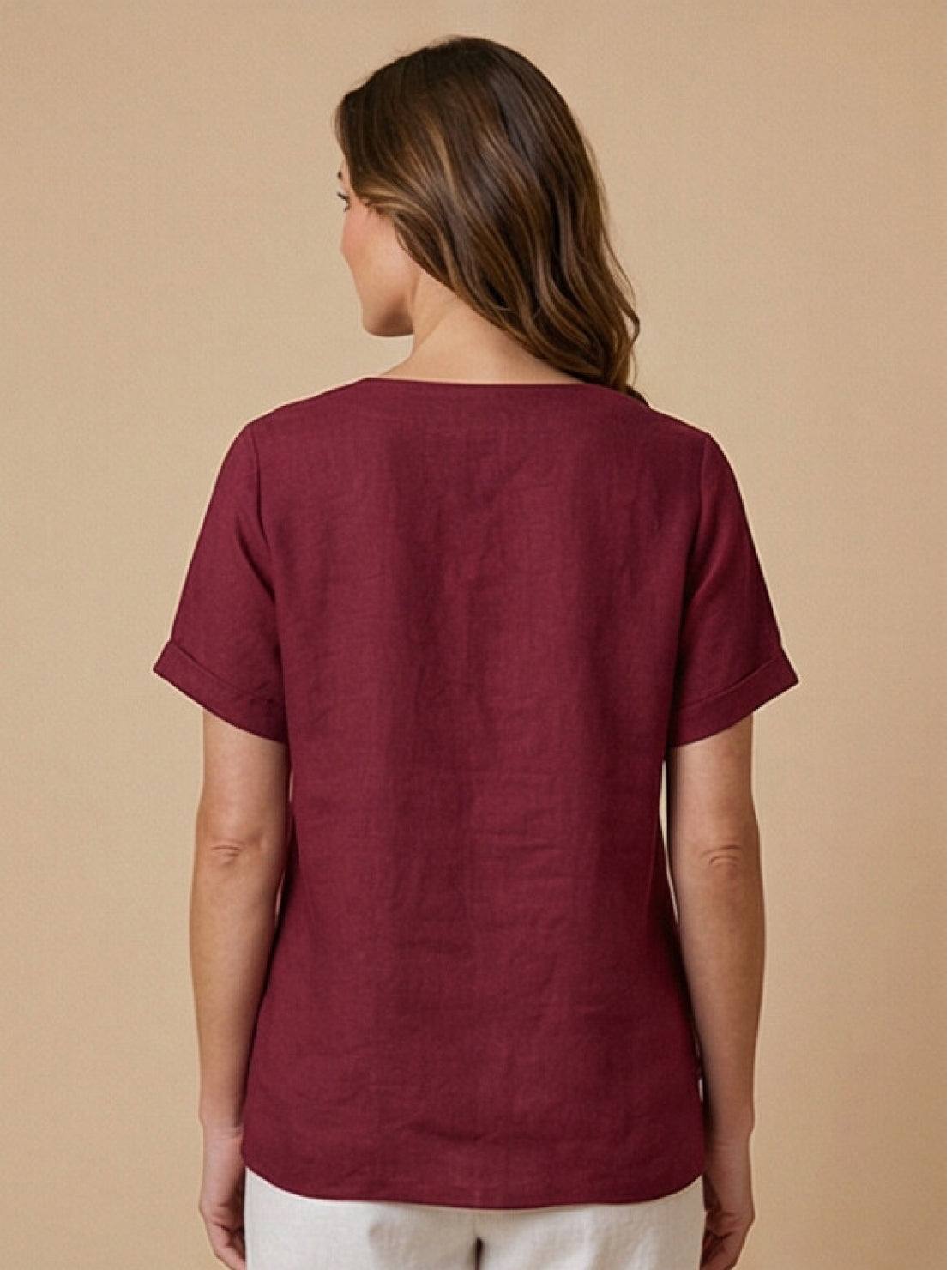 Women’s Linen Round Neck Button Blouse