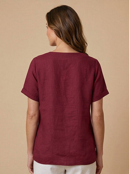 Women’s Linen Round Neck Button Blouse