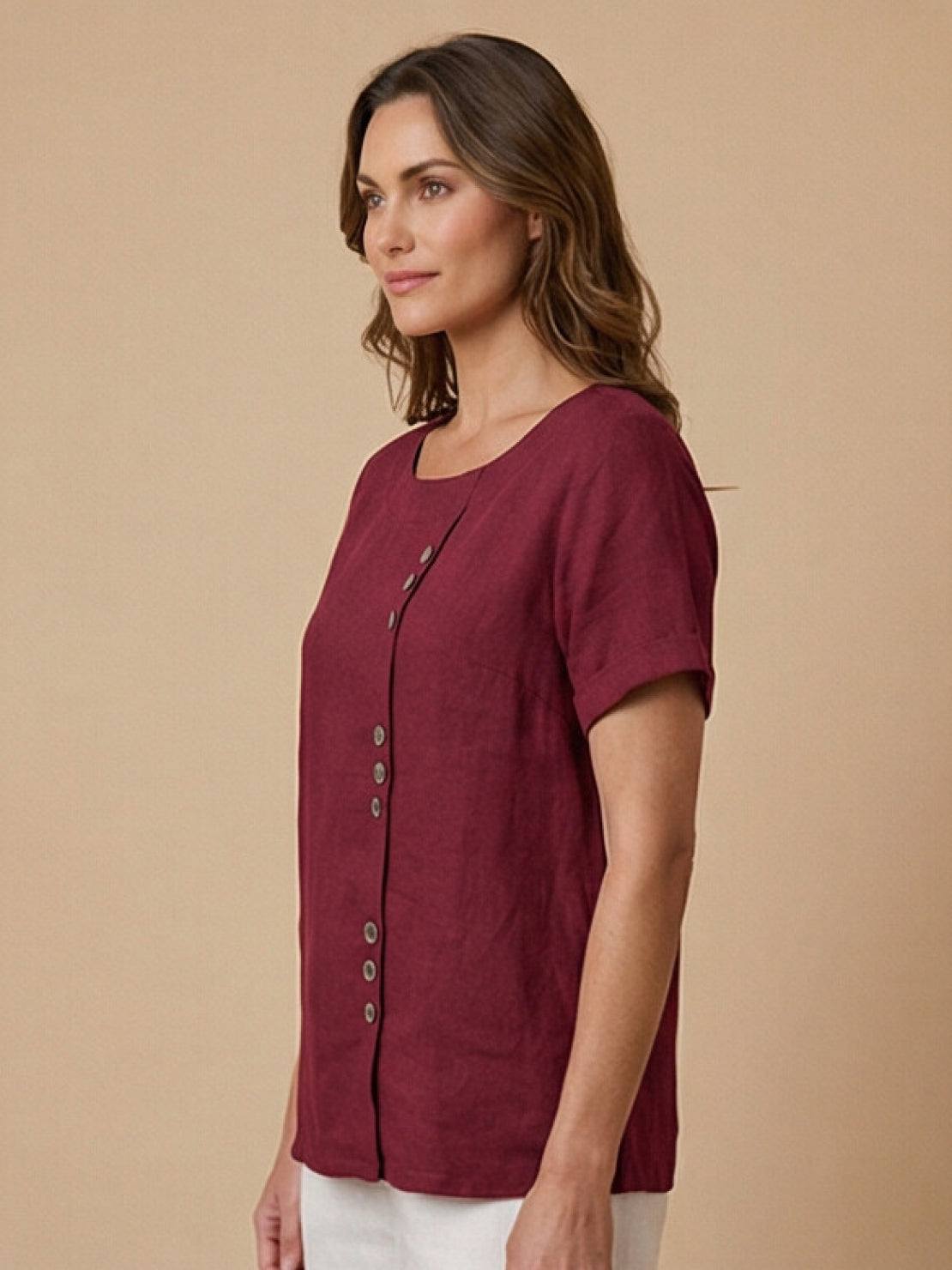 Women’s Linen Round Neck Button Blouse