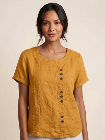Women’s Linen Round Neck Button Blouse