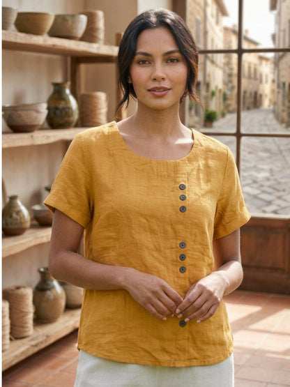Women’s Linen Round Neck Button Blouse