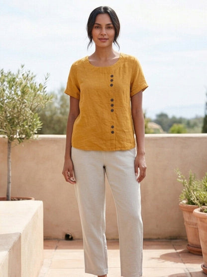 Women’s Linen Round Neck Button Blouse