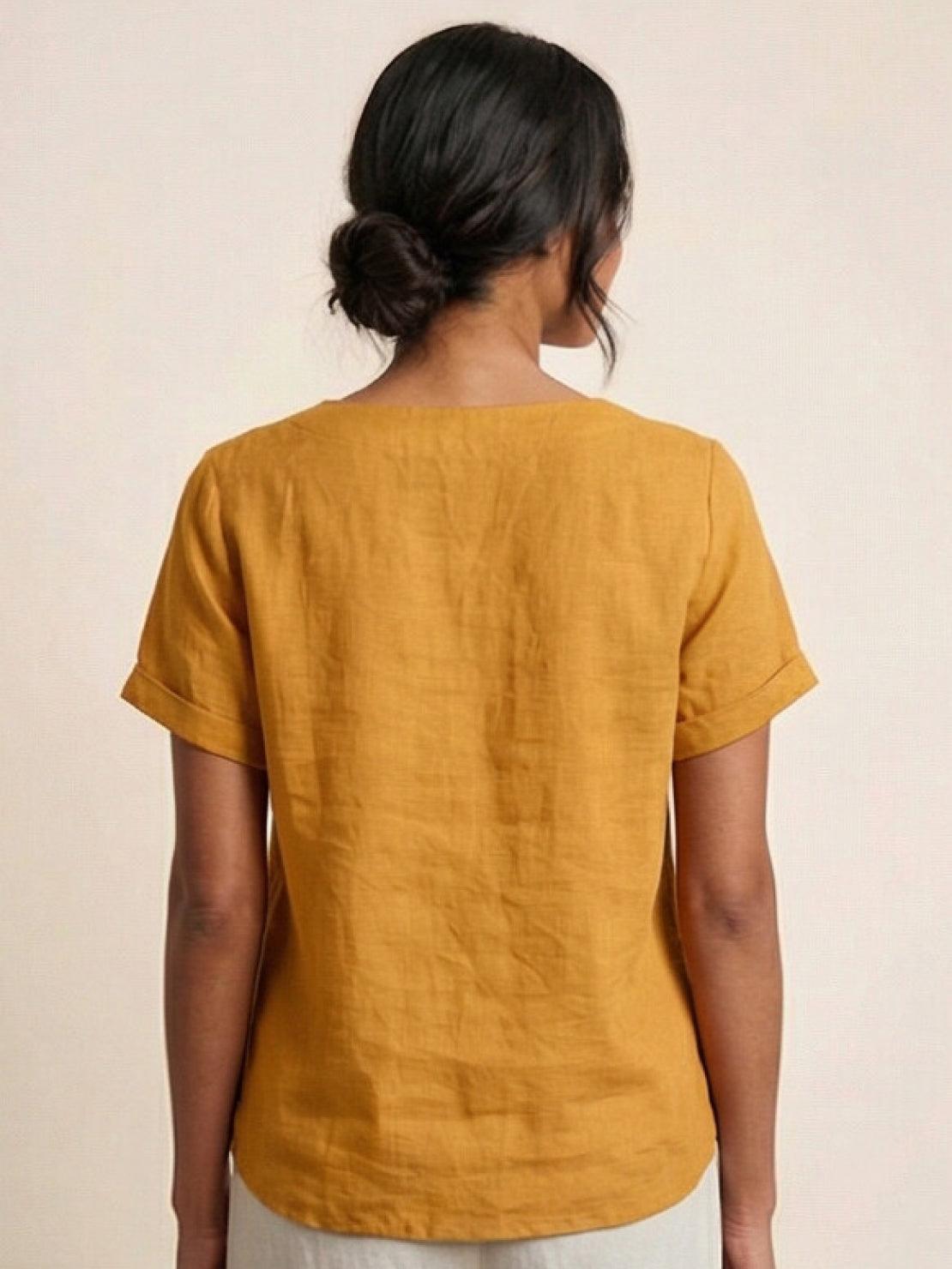 Women’s Linen Round Neck Button Blouse