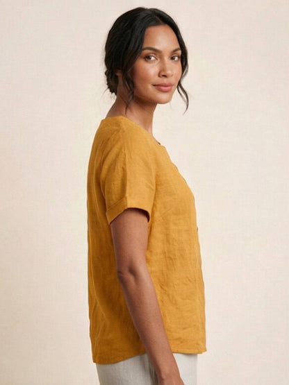 Women’s Linen Round Neck Button Blouse