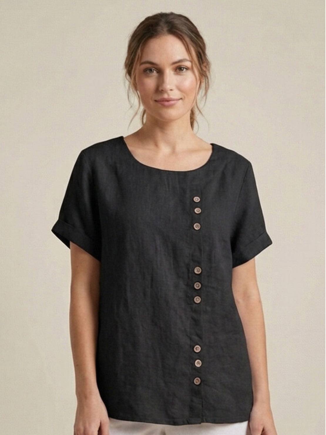 Women’s Linen Round Neck Button Blouse
