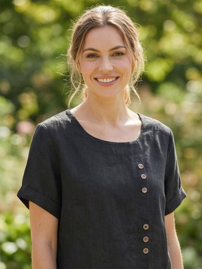 Women’s Linen Round Neck Button Blouse