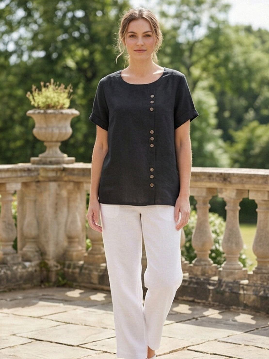 Women’s Linen Round Neck Button Blouse